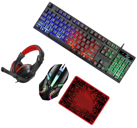 Vaguelly Clavier et Souris Gaming Filaire 104 Touches Rétroéclairées Casque Gaming et Tapis de Souris Antidérapant Pack Combo pour Jeu et Bureau Confort Ergonomique et Ambiance LED