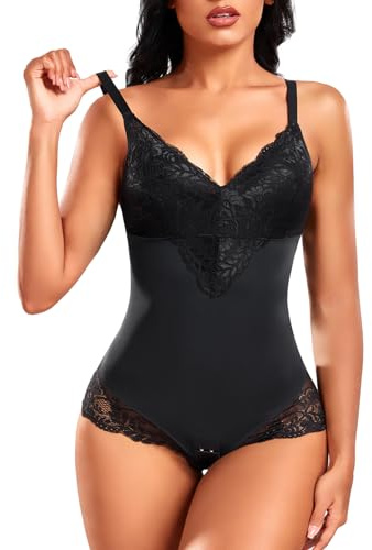 PASUDA Body Moldeador Mujer Faja Reductora de Encaje Body Shapewear de Control de Abdomen Escote V Bodysuit Moldeador Reductor Colombianas Posparto Invisible Shapewear