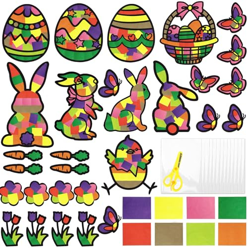 Ostern Basteln,28 Stück Bastelset Ostern,Fensterbilder Ostern Bastelsets,Ostern Papierbastelset,DIY Fensterbilder Ostern,Frühlingsdeko Fenster für Ostern, Fenster Dekoration Mit Buntglas-Effekt