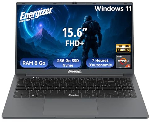 Energizer EnergyBook Pro 15.6 Pouces FHD PC Portable (AMD Ryzen 5 3500U 3,7 GHz, RAM 8Go DDR4, SSD 256Go, AMD Radeon Vega 8, Win 11) - Clavier AZERTY, Gris