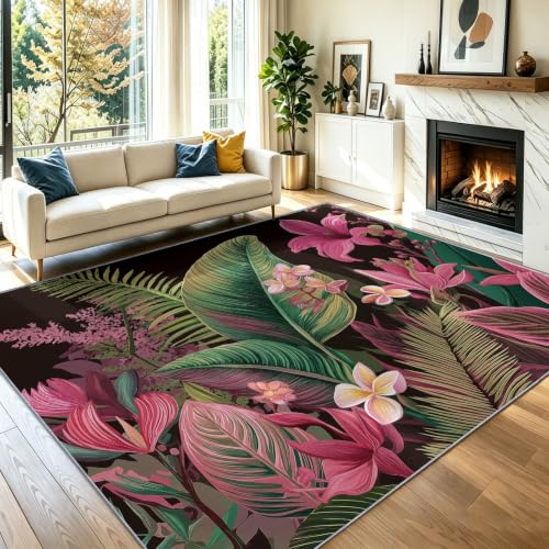 Tropical Botanical Illustration Area Rugs for Living Room 120 x 160 cm, Washable Anti Slip Rugs, Black Super Soft Bedroom Rug, Tropical Lilies Pink Flowers Palm Leaves Style Carpet