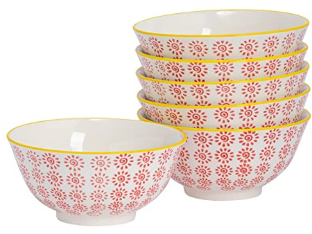 Nicola Spring Patterned Cereal Bowl - Red - 16cm - Pack of 6 - Hand Printed Japanese Style Stoneware Serving Bowls for Dessert, Pasta, Cereal, Salad, Noodles, Soup