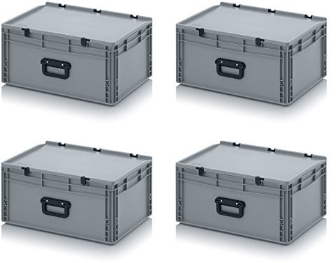 Auer Packaging 4x Eurobehälter 60 x 40 x 28,5 mit Scharnierdeckel und Griff (Tragegriff, Klappgriff) inkl. gratis Zollstock, 4er Set