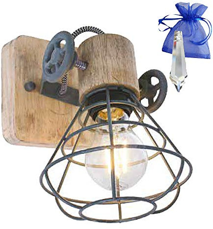 Christoph Palme Leuchten Deckenleuchte Holz Metall Gitter Spot 1-flammig Grau E27 Wandleuchte im industriellen rustikalen Vintage Look 1578GR + Kristall GiveAway