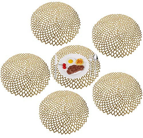 MaoXinTek Platzdeckchen, rutschfest, waschbar, aus PVC, 6 Stück, elegant, hitzebeständig, für Küche, Restaurant, goldfarben