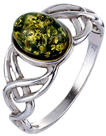 HolidayGiftShops Erwachsenenring aus Sterlingsilber und baltischem grünem Bernstein Celtic Knots - Größe 21.25