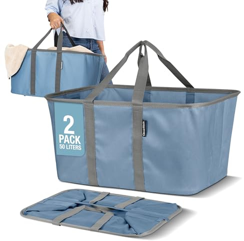 CleverMade Collapsible Laundry Tote 2-Pack (50L) – Foldable Carry-All Storage Bin for Laundry, Car Trunk, RV, Dorm & Home Organization - Denim