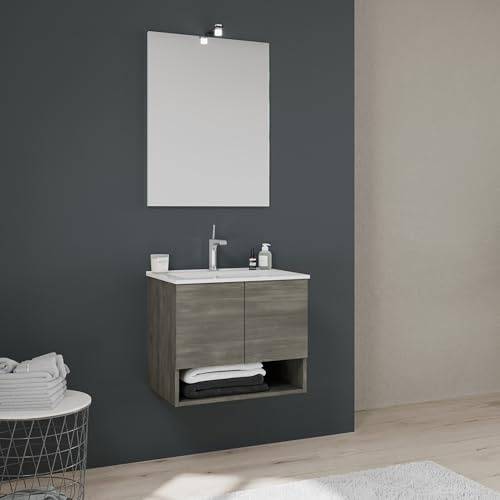 Kiamami Valentina - Mobile bagno sospeso 60cm con ante e vano a giorno grigio scuro Venezia