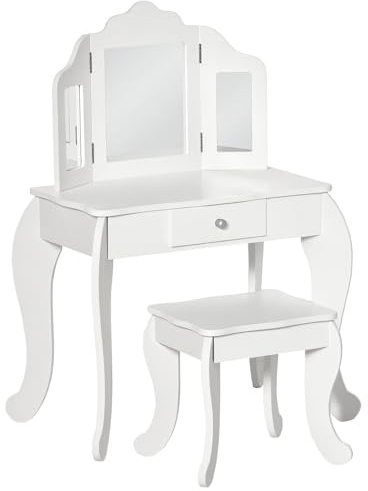 HOMCOM Coiffeuse Enfant avec Tabouret, Coiffeuse Bureau 2 en 1 Miroir triptyque et tiroir Coulissant - Coiffeuse dim. 63L x 40l x 85,5H cm - Blanc Acrylique