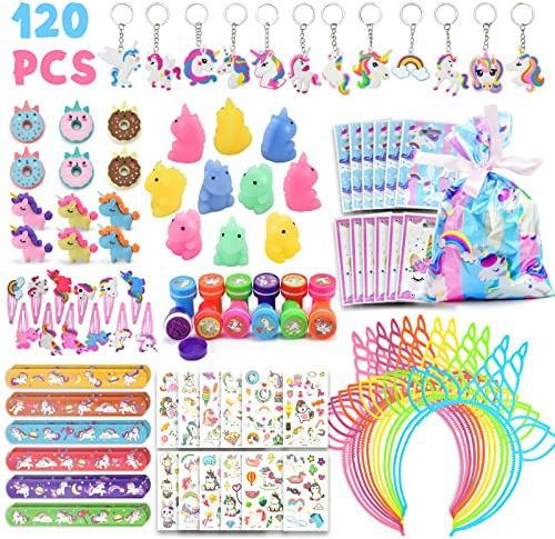 120 Stück Einhorn Mitgebsel für Kindergeburtstag - Party Gastgeschenke, Haarreif, Schlüsselanhänger, Geschenktüten, Give Aways für Mädchen