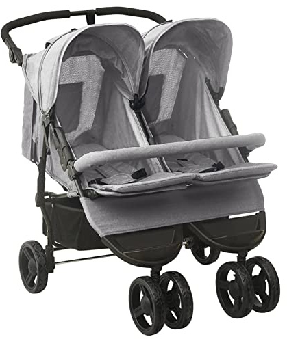Gecheer Carrito para Gemelos Silla de Paseo Gemelar Cochecito Doble para Gemelos Reclinable y Plegable de Acero Gris Claro