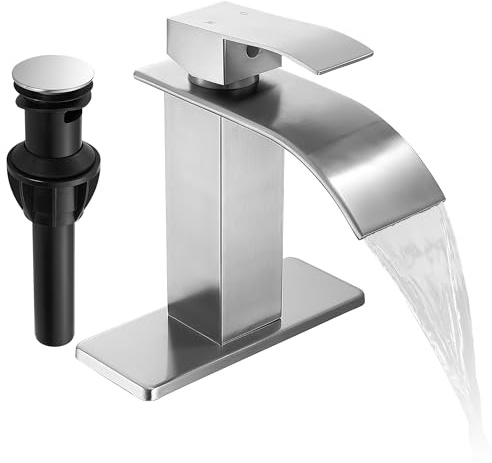 Fransiton Brushed Nickel Waterfall Bathroom Faucet Lavatory Single Handle 1 or 3 Hole Bathroom Sink Faucet Washbasin Faucet with Deck and Pop-up Drain