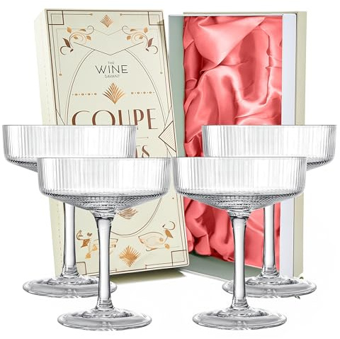 Vintage Art Deco Coupe Glasses, Martini, Champagne & Cocktail Ribbed Glass 7 oz | Set of 4 | Crystal, Manhattan, Cosmopolitan, Sidecar Cocktail Glassware for Champagne , Ripple Glassware - Gift Box