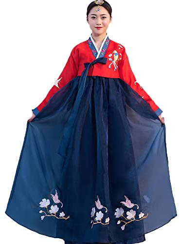 YUDATPG Hanbok - Abito da donna a maniche lunghe, stile tradizionale coreano, per matrimoni, balli, cosplay, Halloween, Rosso e blu, L