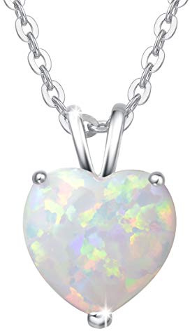 FANCIME Collana in Argento Sterling 925 con Opale Bianco Pendente Cuore, Regalo di Gioielli per Donna Ragazza - Catena Lunghezza: 40 + 5 cm