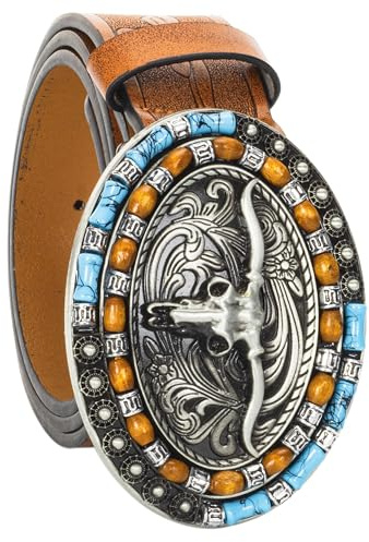 INOGIH Herren-Western-Cowboy-Lederschnalle, Gürtel mit Langhorn-Bull-Blumen-Gravur, Gürtelschnalle für Jeans, Taille 83,8 cm bis 106,7 cm