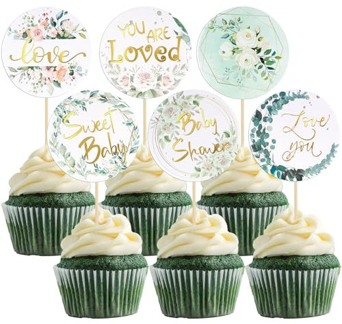 Gyufise 36Pcs Baby Shower Cupcake Toppers Baby Cupcake Toppers Gold Woodland Jungle Safari Theme Cupcakes Decor Gender Reveal Cake Topper Boy Girl Birthday Party Green Leaf Cake Decorations