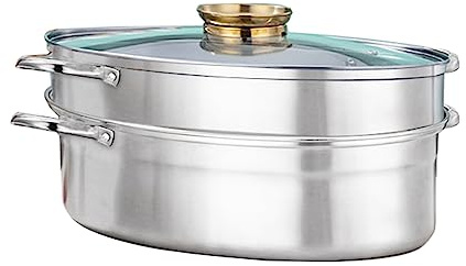 Elliptisches gedämpftes Fischtopf-Set mit Deckel, Keramikpfanne, Chuck, Rack – 2-stöckiger Mehrzweck-Dampftopf Kochgeschirr Fischpochierer für Gemüse, Knödel, Sauce (Silber)
