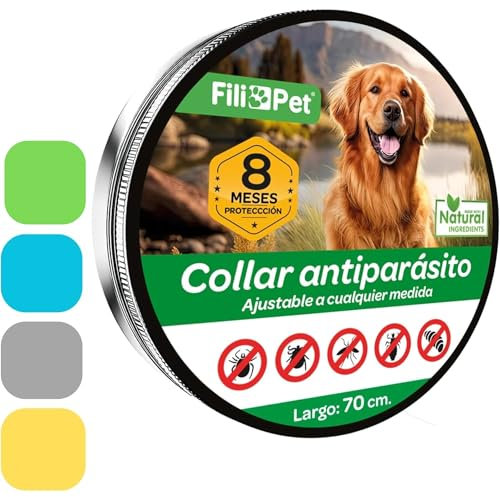 Collier antiparasitaire pour Chien en différentes Couleurs. 8 Mois de Protection. Efficace Contre Les puces, Les tiques, Les moustiques et Les poux. Résistant à l'eau. Longueur de 70 cm. (Gris)