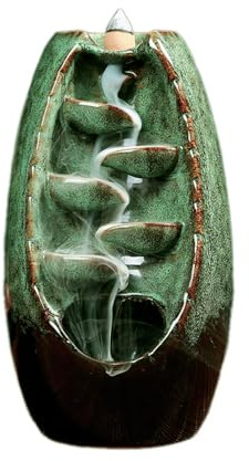 Wambere Rückfluss Räuchergefäß Wasserfall,Keramik Weihrauchhalter Aromatherapie Ornament Räucherwasserfall mit 120 Rückfluss Räucherkegel+30 Räucherstäbchen+Matte+Pinzette+Box aus Polysamt,Grün