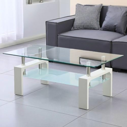 Mesa de Centro 110x60 cm Blanca con Dos estantes de Cristal - Titania