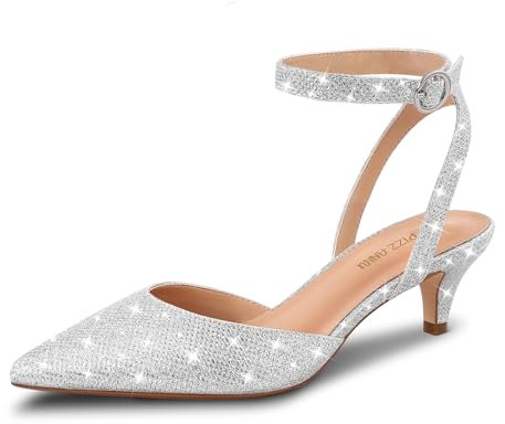 PIZZ ANNU Damen Pumps mit Kitten Abastz Spangenpumps Elegant und Bequem Riemchenpumps mit Geschlossener Spitze Glitzer Schuhe EU 41 Silber