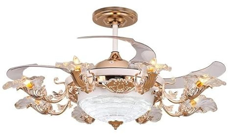 Luxury European Ceiling Fan Light with Remote Control and Fan Chandelier, Tracing Gold Finish, 8 E27 Bulbs, 42 Inches