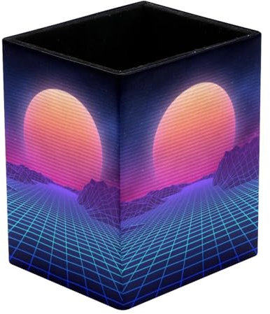 Pen Holder Square Pencil Holder for Desk, Sun with Mountains Digital Retro Cyber Surface Landscape Pen Pot Pen Cup Makeup Brushes Holder Stand Display Desk Stationery Organiser for Home Office School