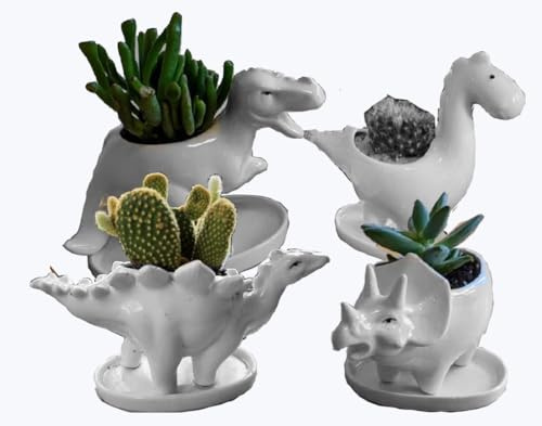 Ruoxian 4pcs Dinosaurl Shaped Planter Small Succulent Pot Small Succulent Pots with Drainage, Ceramic Dinosaurl Planter, Indoor Plant Container Planter with Drainage Hole Home Office Desk Garden