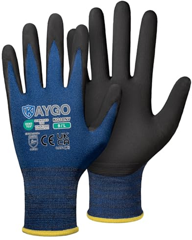 KAYGO Arbeitshandschuhe MikroSchaum Nitril Beschichtet, Abriebfest, KG18NV | Rutschfest, Leicht Ölbeständig, 3 Paar Nylon Schutzhandschuhe für Herren Damen, für Auto Lager DIY (Navy Blau, L, Gr 9)