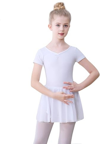 FONLAM Ballettkleidung Mädchen Kurzarm Tanzkleid Ballett Trikot Baumwolle Tanzkleid Tutu Tanzbody Ballettkleid Ballettanzug (4-5 Jahre, Weiß)