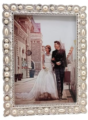 Xshelley 5x7 Pearl Picture Frame with Crystal for Wedding,Silver Plated with High Definition Glass Photo Frames,Pearls Inlaid with White electroplated Bright Silver zinc Alloy Photo Frame