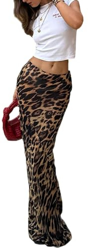 fdsmall Faldas largas Estampadas en Leopardo para Mujeres Faldas largas de satén de Seda de Cintura Alta envueltas en la Playa de Verano (FR/ES, Letras, S, Regular, Regular, Marrón)