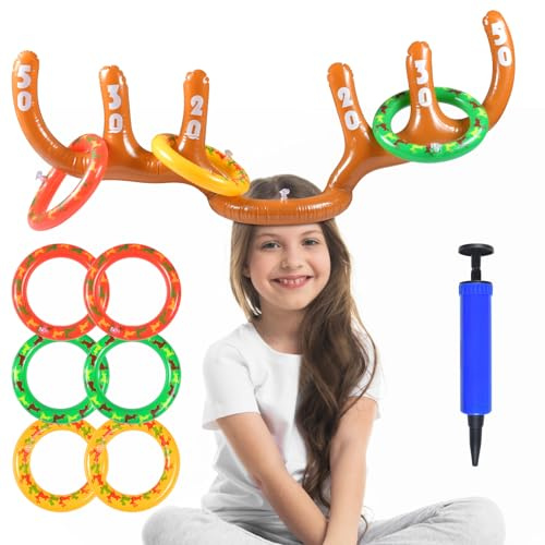 Aufblasbares Rentiergeweih-Spiel,Weihnachten Party Werfen Aufblasbare Rentier,Weihnachten Geweih Hut mit Ringe,Ring Toss Game Spiel Ring Wurfspiel Weihnachten Spiel,Ringwurfspiel Aufblasbare