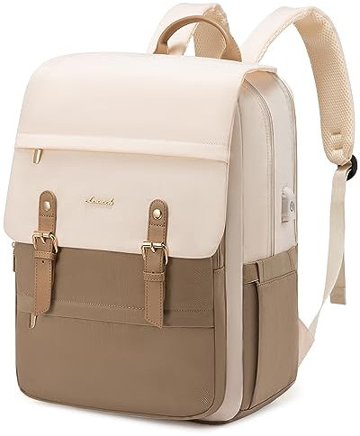 LOVEVOOK 17.3 Inch Laptop Backpack Women, Vintage Rucksack 17 Inch for Ladies, Large School Bags with USB Charging Port, Casual Work Daypacks for University Teacher College Travel, Beige Khaki