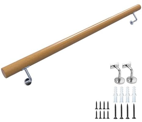 TINNYTT Kit corrimano per Scale in Legno da 30-300 cm, ringhiera Antiscivolo montata a Parete con Staffa in Ferro per Scale Interne, corridoi, Loft e Ville,Original Wood color-30 cm/11.81in