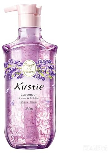 Kustie Gel Douche Lavande aux Vrais Pétales – Flacon Pompe – Hydratant, Antibactérien & Anti-Acné avec Huile d’Arbre à Thé, Parfum 24H, Peaux Sensibles, 380ml