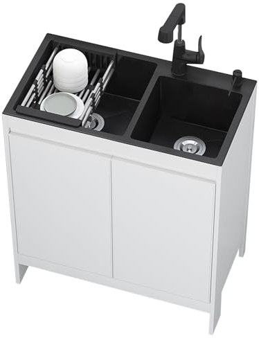 Fregadero de Cocina 2 senos de Acero Inoxidable,Lavabo con Mueble,Mueble Fregadero con Grifo Caliente y Fría,Lavadero pila Exterior,Lavamanos para Interior,para Lavar,Jardín,Comercial(72x40x79cm)