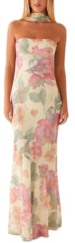 Qianderer Vestido largo de tubo floral para mujer, con bufanda, sin tirantes, espalda descubierta, de malla, vestido formal de cóctel