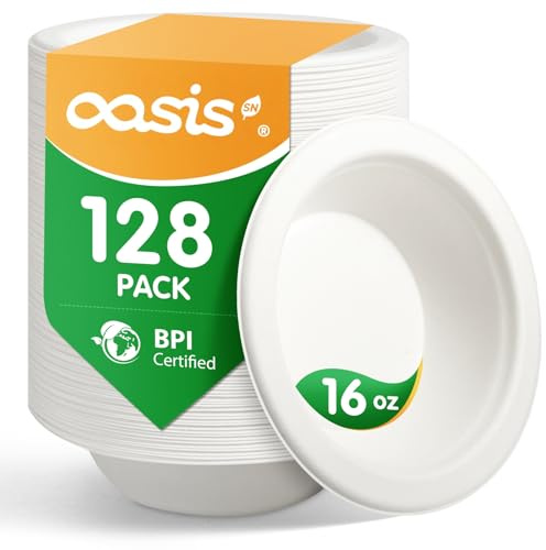 OasisSN Cuencos de papel compostables de 16 onzas, 128 unidades, cuencos desechables biodegradables de alta resistencia hechos de bagazo, ecológicos, aptos para microondas y congelador (certificado