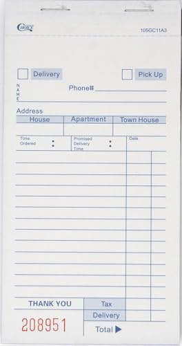 Choice White Delivery Order Form Paper, Carbonless 3 Part Book 50 Sheets (10 Pack - 500 Total Sheets)