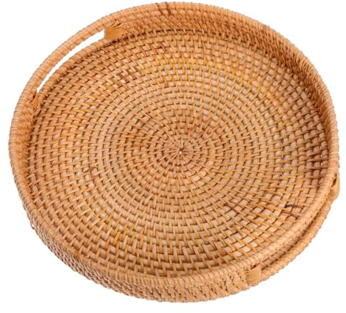 iplusmile Bandeja Redonda Grande De Ratán Natural De 13.77 Pulgadas con Asa Hueca para Servir Frutas Aperitivos Y Bebidas Bandeja Tejida a Mano Ideal para Cocina Y Exteriores