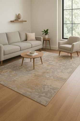 Rugeast Handgeknüpfter Orientteppich Modern | Abstrakt Design | Grau Gold Türkis | 281x186 cm | Einzigartiger Wohnzimmer Teppich | Hochwertige Handarbeit für Gästezimmer & Büro