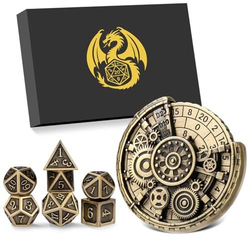 Set di Roulette Dadi in Metallo DND, 6-in-1 Dado a Ingranaggio Spinner + 7 Dadi Poliedrici in Metallo D&D, Regalo DND con Scatola Regalo, MTG, Giochi da Tavolo, Accessori per Giochi di Ruolo, Bronzo