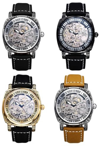 JewelryWe Herrenuhr Automatik Mechanische Uhr 30m wasserdicht Analog Automatische Armbanduhr Automatikuhr Herren Schwarz Echtes Lederarmband Skelett Uhr