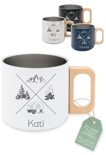 ABENTEUERNAH personalisierter Thermobecher als Geschenk für Wanderer, Trekking und Outdoor Fans für Biker, Camper, Angler als Geschenke für Männer und Frauen (weiß, X Camper)