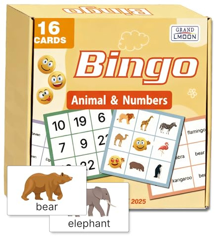 GRANDLMOON Large Print Bingo Game Set for Seniors, Double-Sided Animal and Number Cards, 16 Boards with 32 Designs, 6.3 x 6.3 Inch, Dementia and Alzheimer Activities