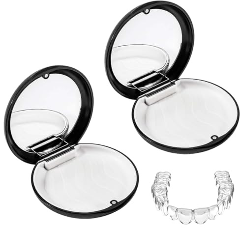 KEWUF 2 Pièces Boîte à Dentier avec Miroir, Boîte Appareil Dentaire, Boîte Gouttière Dentaire, Prothèses Dentaires, Boîte de Protection pour Appareils Orthodontiques(Noire)