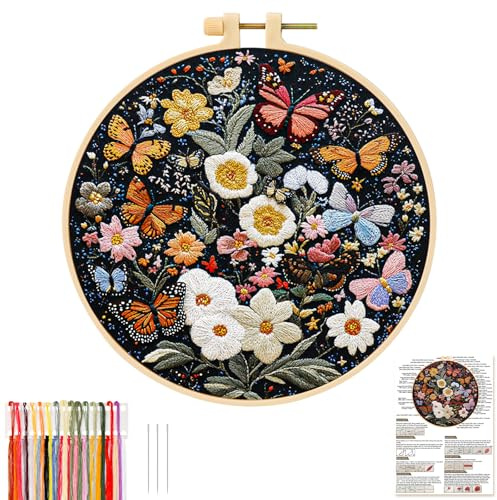 JSRQT Kit de Inicio Bordado Mariposa Flores Punto Cruz Completo Embroidery Starter para Adulto Principiantes Niños Práctica Puntadas Arte Bricolaje Cross Stitch a Mano Hilos Colores y Herramientas