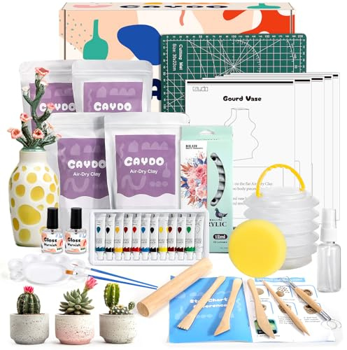 Caydo Air Dry Clay Kit for Adults & Beginners - Complete Pottery Making Set with 5 Pottery Template Kit, Tools, Paints, Varnish & Guide - Creative Craft Kit for Home
